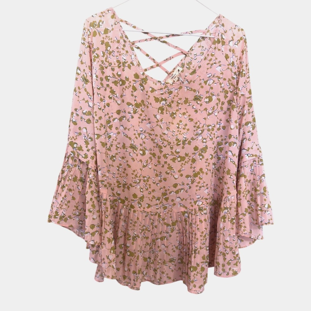 Entro Pink Floral Bell Sleeve Strappy V-Neck Pleated Blouse Top T6341 New L - Picture 2 of 8